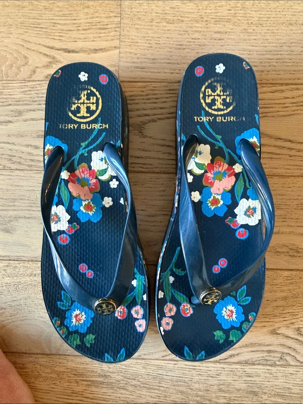 Tory Burch Navy Floral Flip Flop Sandals